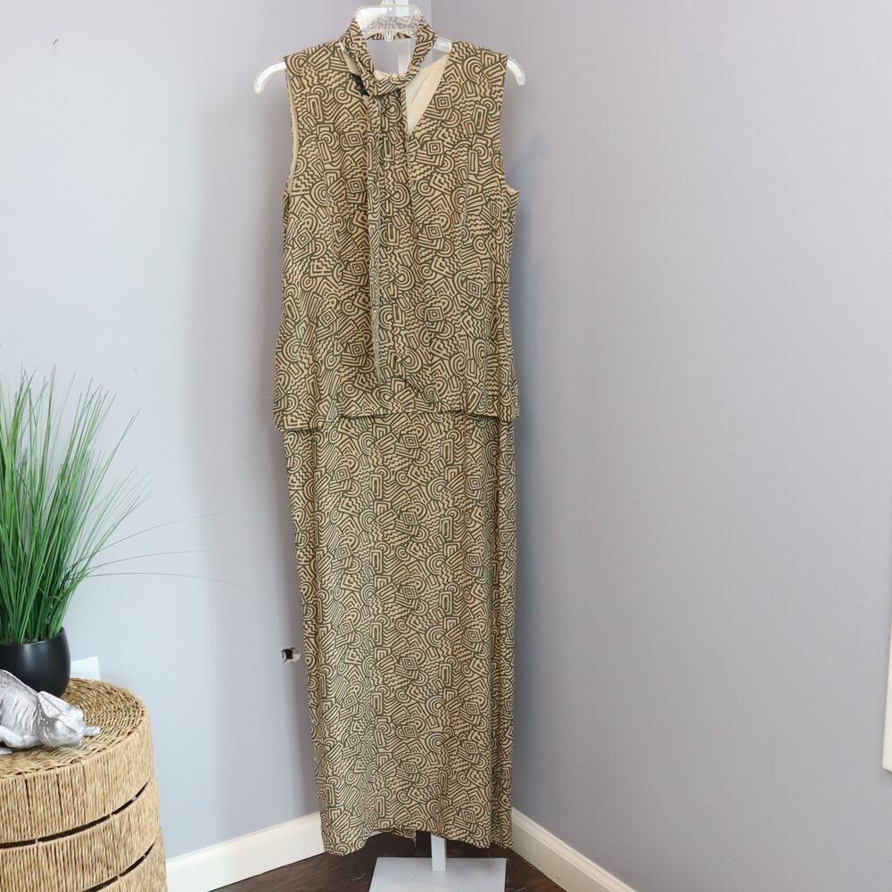 Spenser Jeremy Silk Maxi Dress Tan Green Geometric Neck Tie Size 8‎